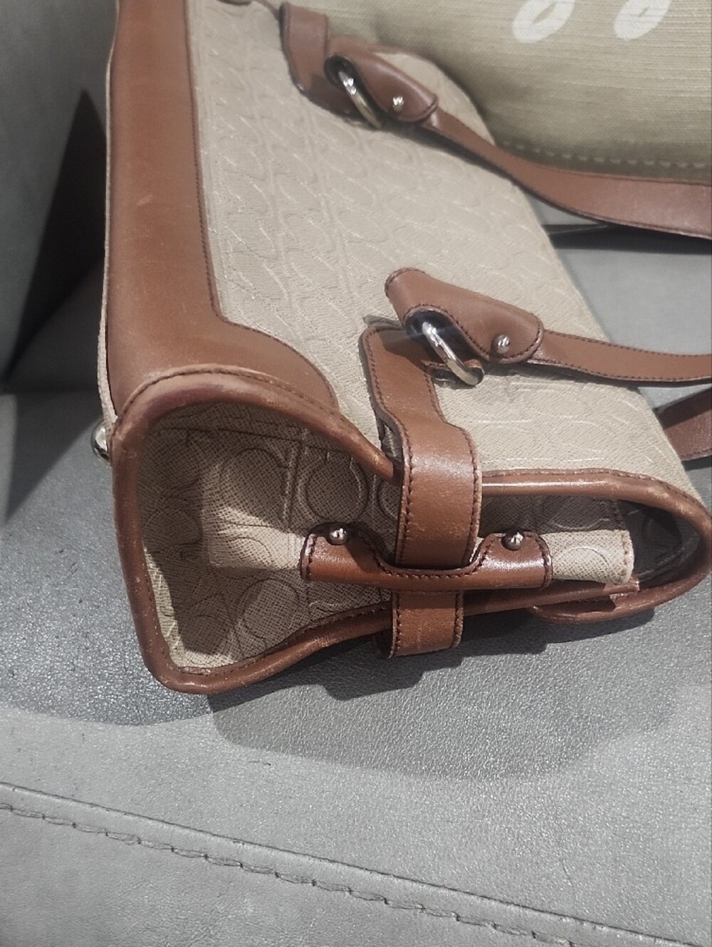 Salvatore Ferragamo Beige Monogram Satchel with Brown Leather Trim - Picture 5 of 10